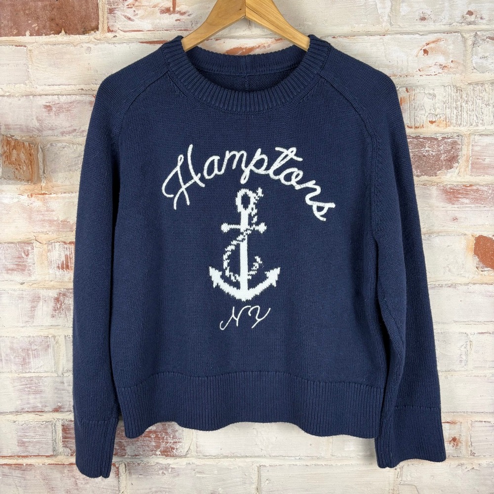 Rare Abercrombie & Fitch Hamptons NY Anchor Embroidery Crewneck Sweater Navy M - Picture 1 of 8